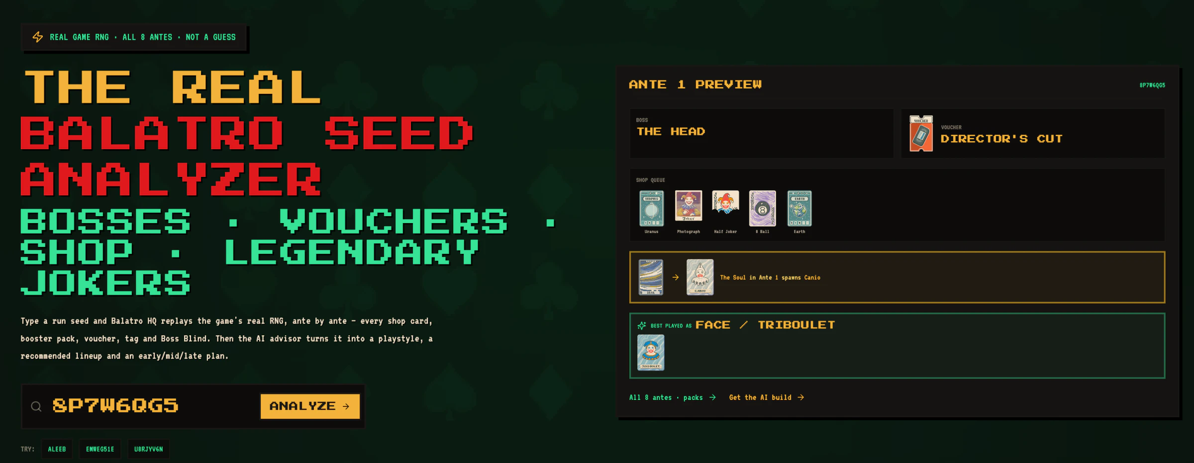 Balatro HQ seed analyzer showing a run-seed field beside an Ante 1 shop, voucher, boss, and recommended build preview.