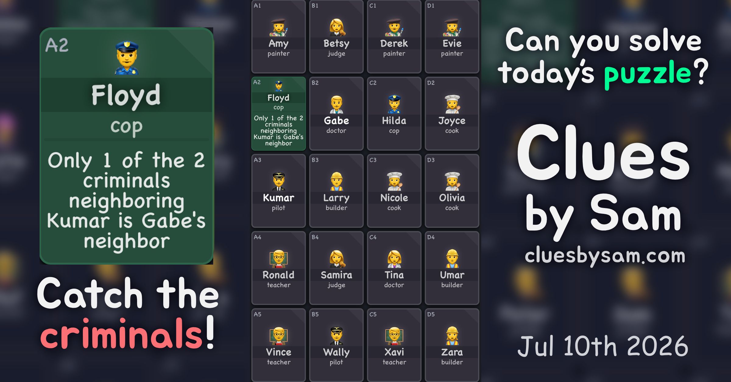 Clues by Sam daily puzzle preview with illustrated suspects and grid panels.