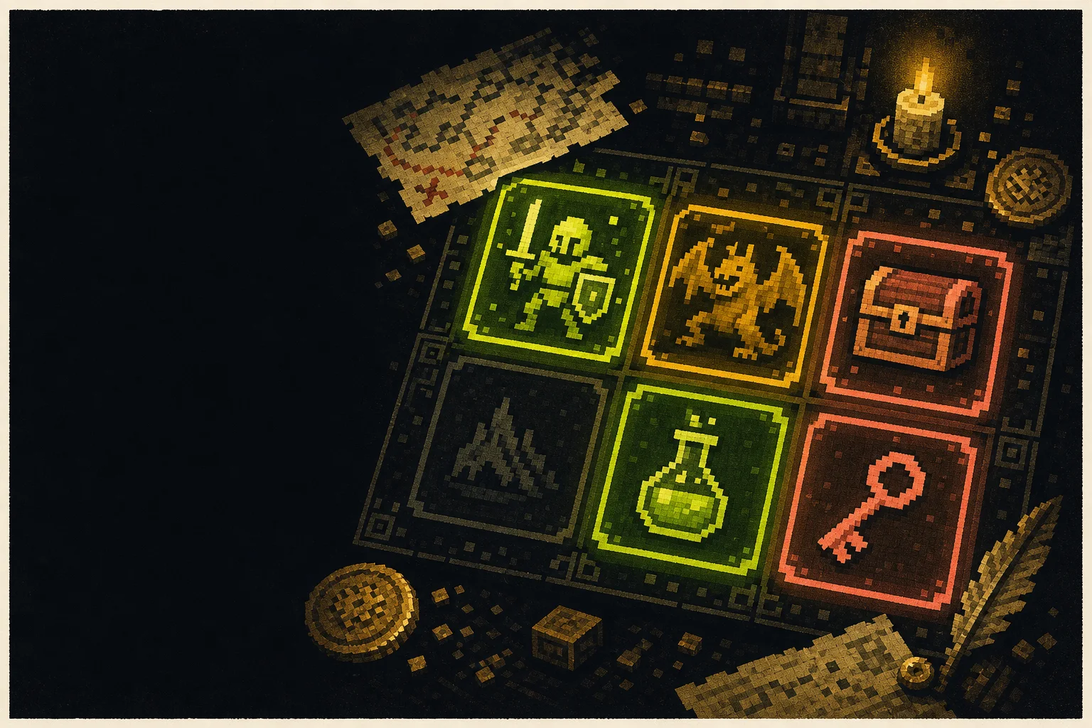 Original editorial artwork of a fantasy deduction board with glowing hero, monster, treasure, potion, and key tiles.