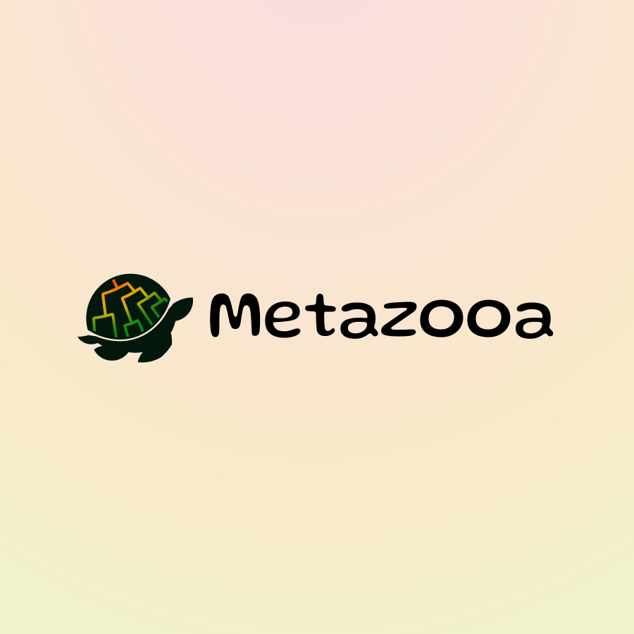 Metazooa wordmark and turtle icon on a soft pastel background.